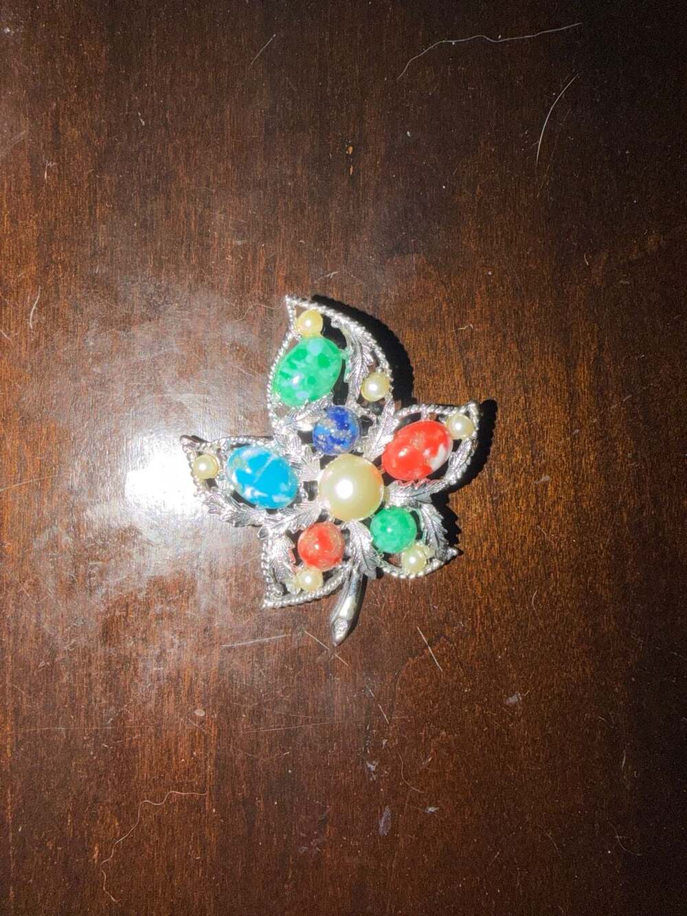 Vintage Sarah Coventry 1967 Fantasy Leaf Brooch Multi-Color Cabochons
